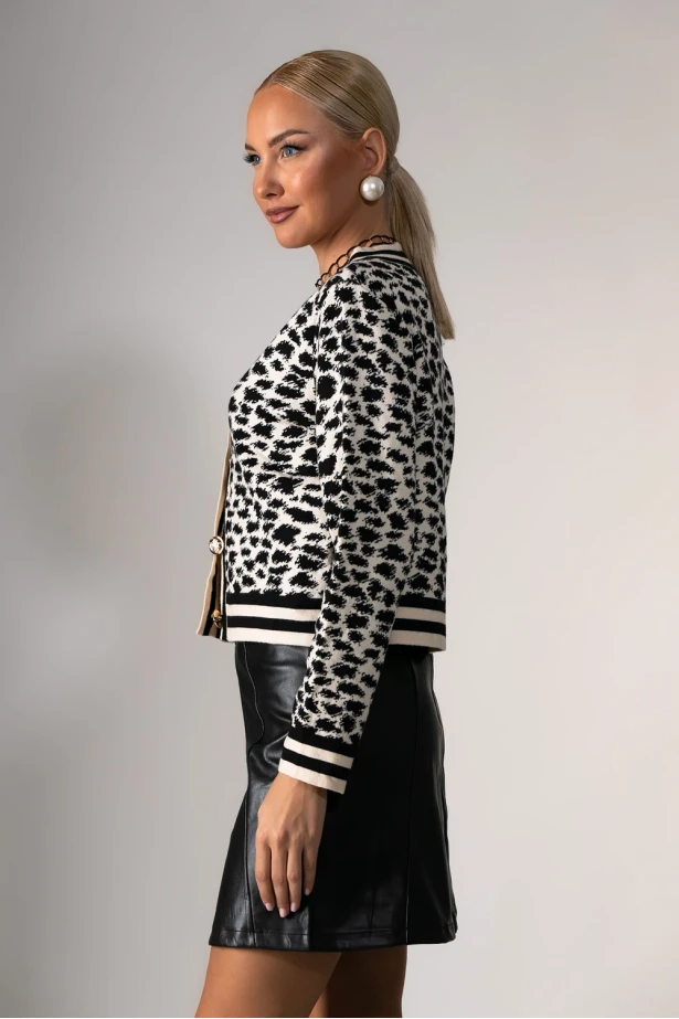 Ζακέτα με animal print και κουμπιά λευκό-μαύρο