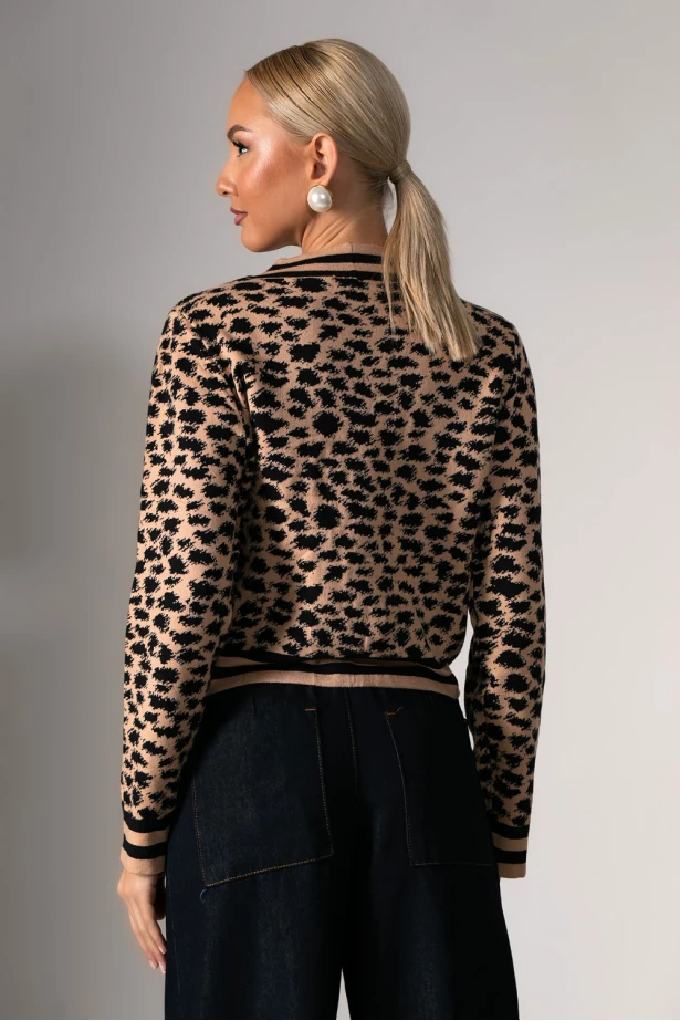 Ζακέτα με animal print και κουμπιά μπεζ-μαύρο