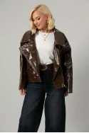 Leather jacket vinyl με λοξό κούμπωμα καφέ