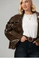 Leather jacket vinyl με λοξό κούμπωμα καφέ