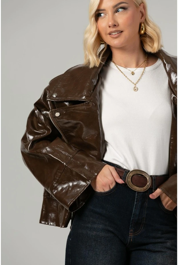 Leather jacket vinyl με λοξό κούμπωμα καφέ