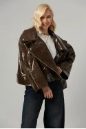 Leather jacket vinyl με λοξό κούμπωμα καφέ