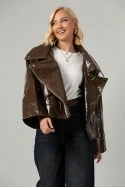 Leather jacket vinyl με λοξό κούμπωμα καφέ