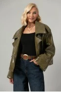 Leather jacket vinyl με λοξό κούμπωμα λαδί
