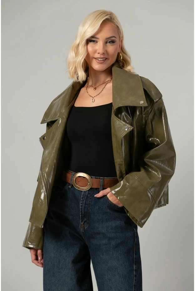 Leather jacket vinyl με λοξό κούμπωμα λαδί