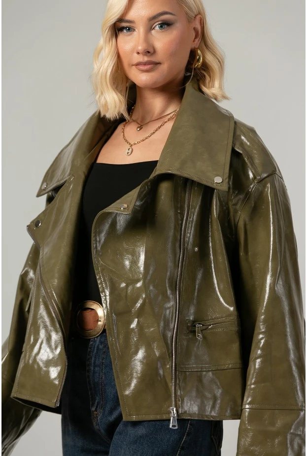 Leather jacket vinyl με λοξό κούμπωμα λαδί