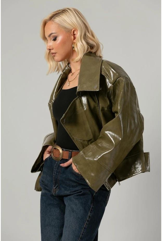 Leather jacket vinyl με λοξό κούμπωμα λαδί