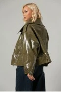Leather jacket vinyl με λοξό κούμπωμα λαδί