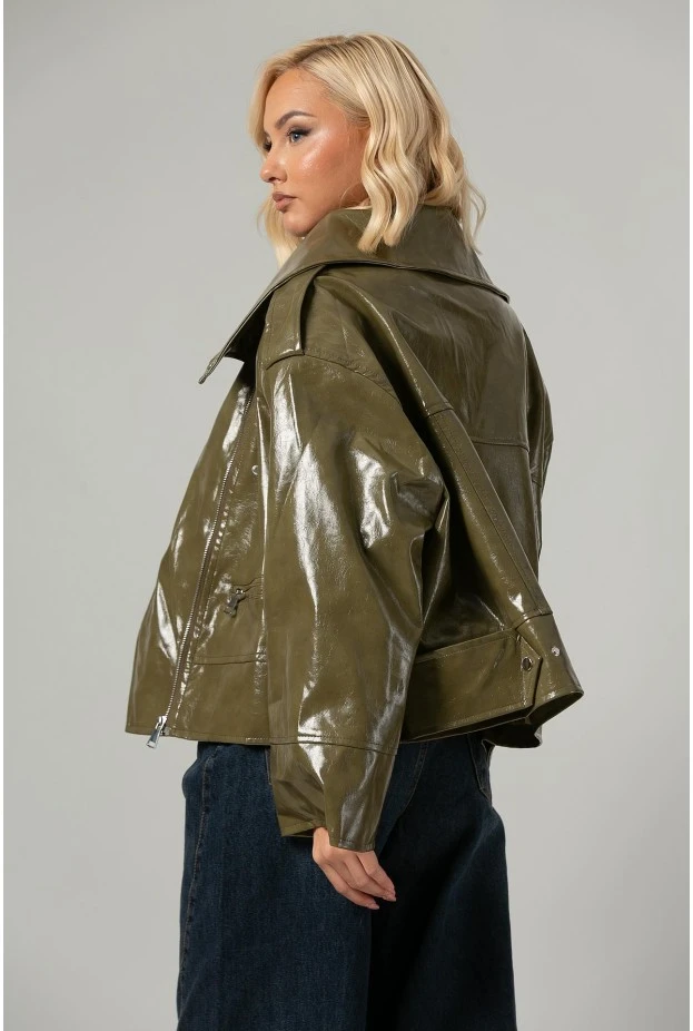 Leather jacket vinyl με λοξό κούμπωμα λαδί
