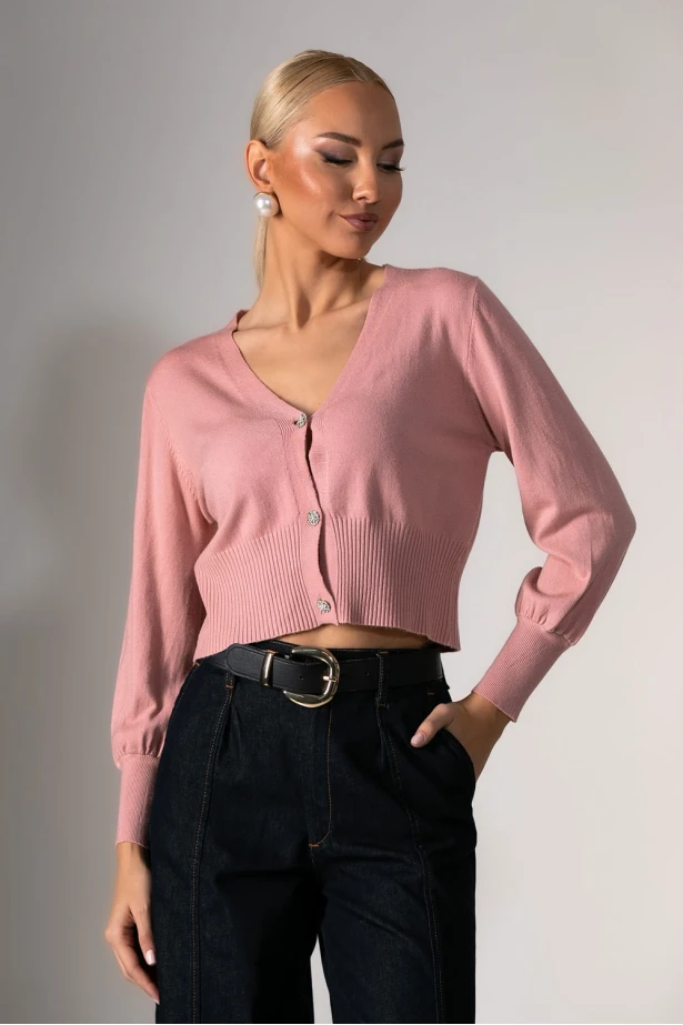 Πλεκτή ζακέτα με στρας κουμπιά ροζ
