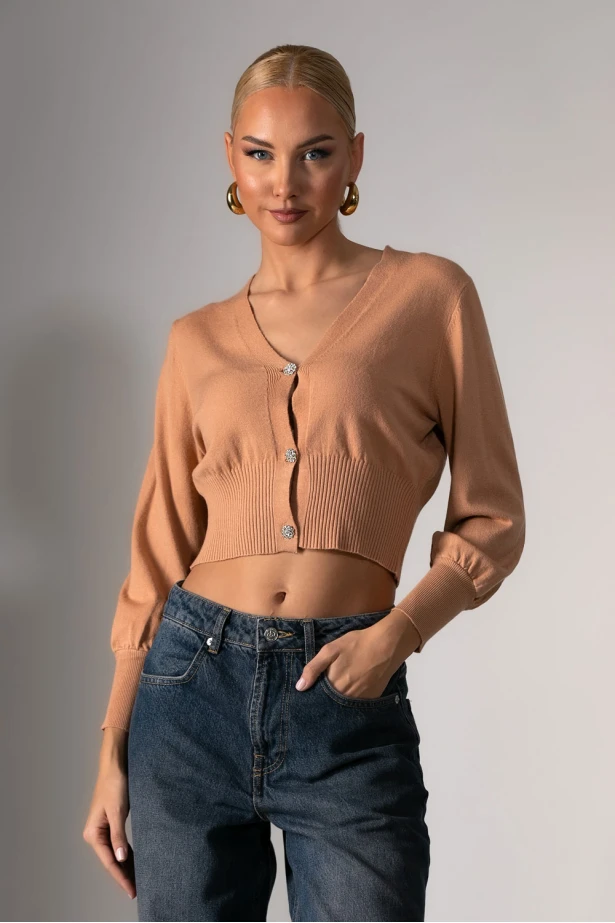 Πλεκτή ζακέτα με στρας κουμπιά μπεζ
