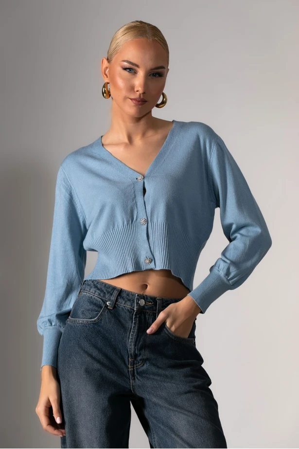 Πλεκτή ζακέτα με στρας κουμπιά σιέλ