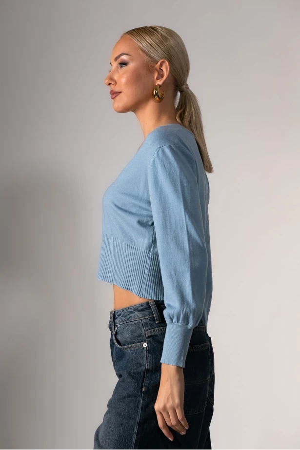 Πλεκτή ζακέτα με στρας κουμπιά σιέλ