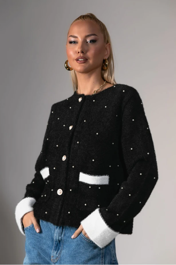 Ζακέτα μοχέρ με χνουδωτή υφή και πέρλες μαύρο