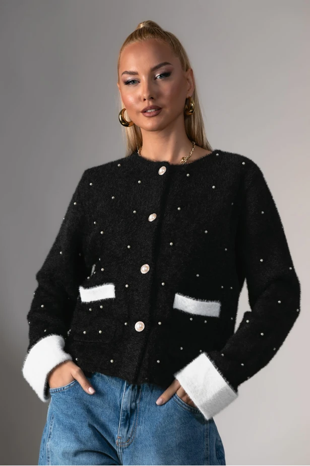 Ζακέτα μοχέρ με χνουδωτή υφή και πέρλες μαύρο