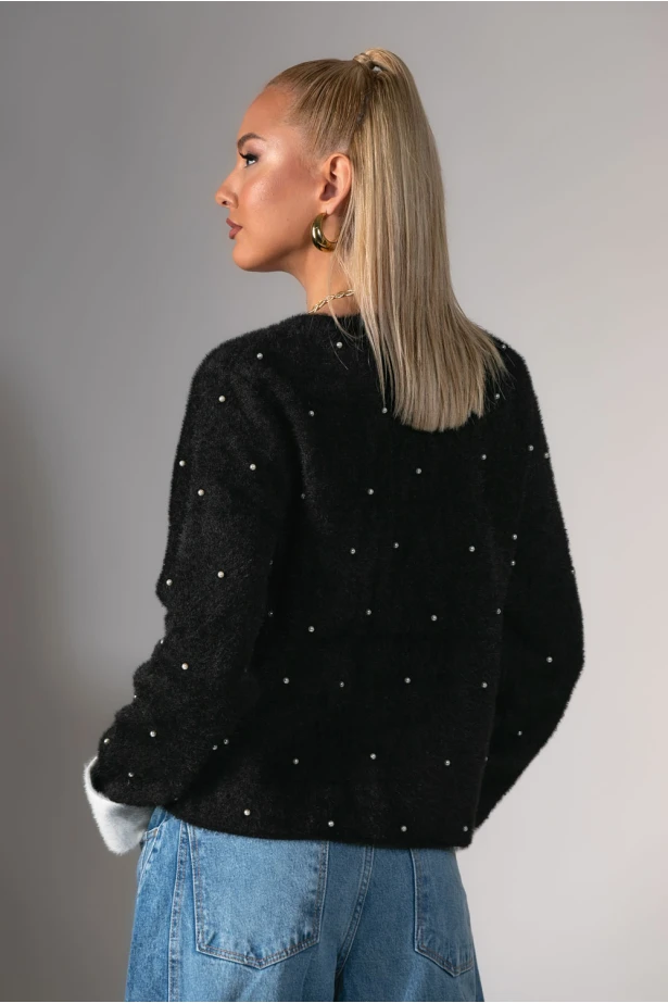 Ζακέτα μοχέρ με χνουδωτή υφή και πέρλες μαύρο