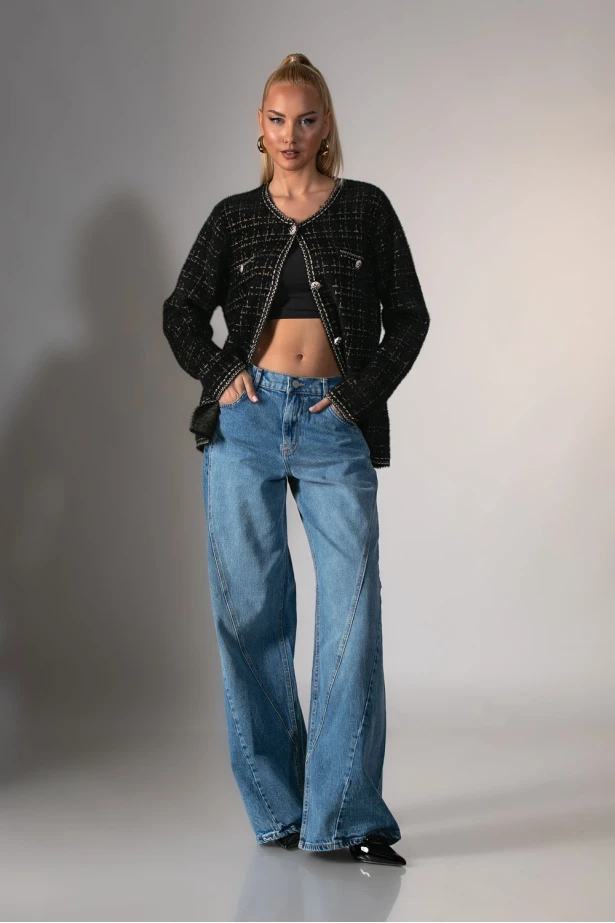 Ζακέτα μοχέρ με τσέπες και ιδιαίτερα κουμπιά μαύρο 