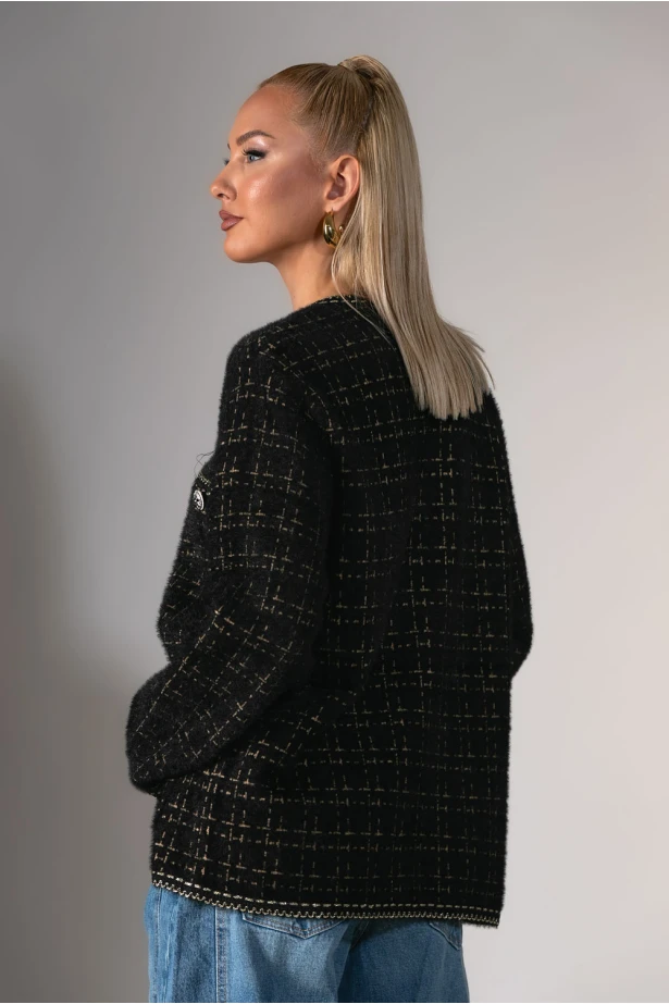 Ζακέτα μοχέρ με τσέπες και ιδιαίτερα κουμπιά μαύρο 