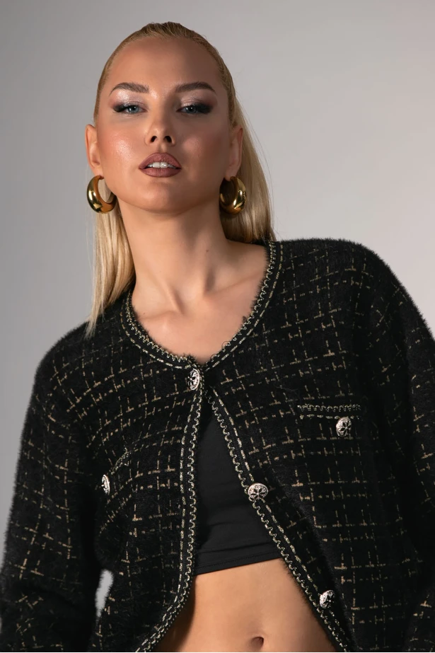 Ζακέτα μοχέρ με τσέπες και ιδιαίτερα κουμπιά μαύρο 