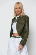 Cropped leather jacket με κουμπιά και λεπτομέρεια στον γιακά χακί
