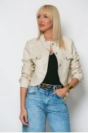 Cropped leather jacket με κουμπιά και λεπτομέρεια στον γιακά εκρού