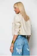 Cropped leather jacket με κουμπιά και λεπτομέρεια στον γιακά εκρού