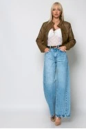 Cropped leather jacket με κουμπιά και λεπτομέρεια στον γιακά καφέ