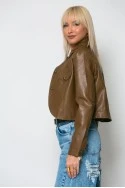 Cropped leather jacket με κουμπιά και λεπτομέρεια στον γιακά καφέ