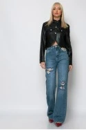 Cropped leather jacket με κουμπιά και λεπτομέρεια στον γιακά μαύρο
