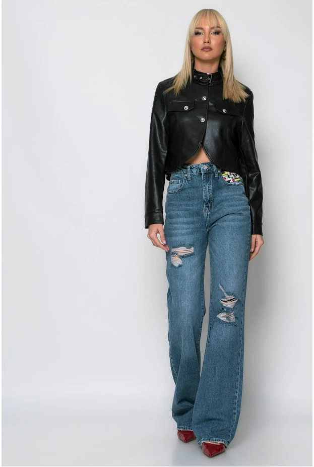 Cropped leather jacket με κουμπιά και λεπτομέρεια στον γιακά μαύρο