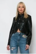 Cropped leather jacket με κουμπιά και λεπτομέρεια στον γιακά μαύρο