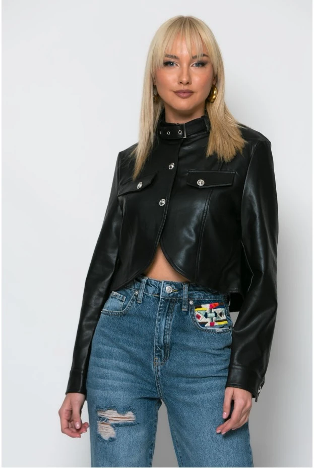 Cropped leather jacket με κουμπιά και λεπτομέρεια στον γιακά μαύρο