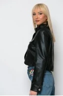 Cropped leather jacket με κουμπιά και λεπτομέρεια στον γιακά μαύρο