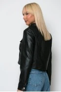 Cropped leather jacket με κουμπιά και λεπτομέρεια στον γιακά μαύρο