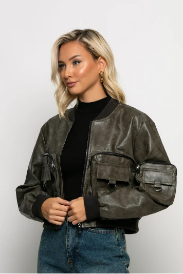 Bomber jacket δερματίνη με τσέπες γκρι