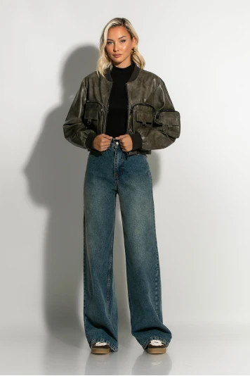 Bomber jacket δερματίνη με τσέπες χακί