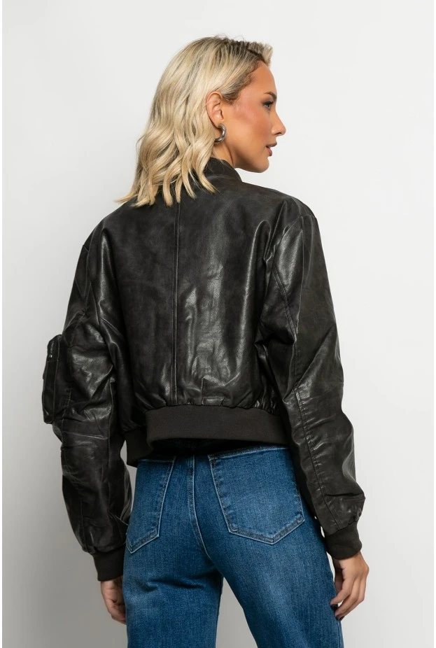 Bomber jacket δερματίνη με τσέπες μαύρο