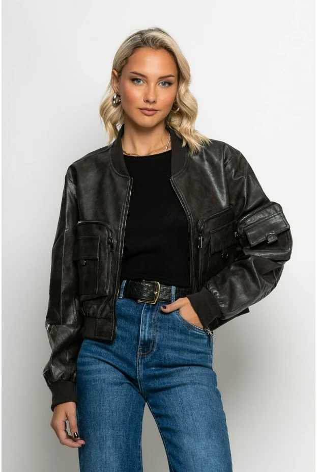 Bomber jacket δερματίνη με τσέπες μαύρο