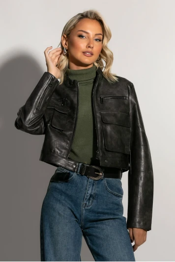 Jacket δερματίνη με τσέπες μπροστά μαύρο