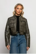 Jacket δερματίνη με τσέπες μπροστά γκρι Jacket δερματίνη με τσέπες μπροστά γκρι