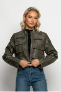 Jacket δερματίνη με τσέπες μπροστά γκρι Jacket δερματίνη με τσέπες μπροστά γκρι