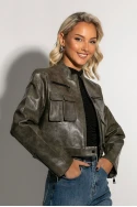 Jacket δερματίνη με τσέπες μπροστά γκρι Jacket δερματίνη με τσέπες μπροστά γκρι