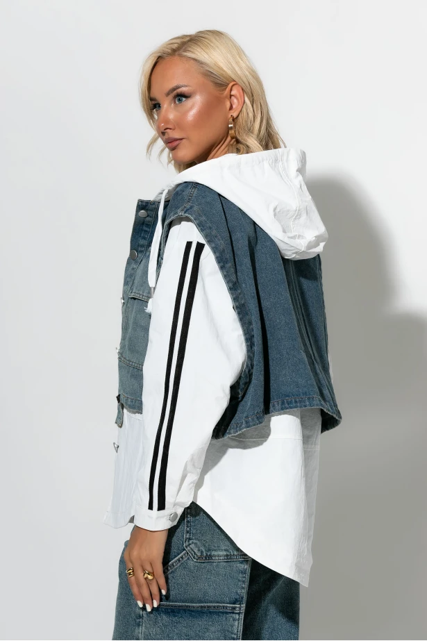Fly jacket με ρίγες στα μανίκια και mix υφών λευκό Fly jacket με ρίγες στα μανίκια και mix υφών λευκό