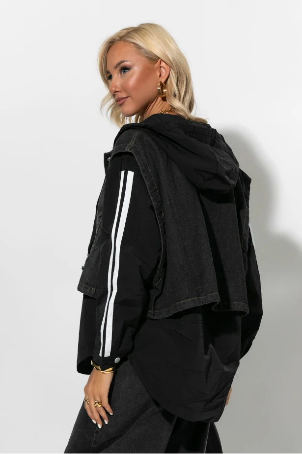 Fly jacket με ρίγες στα μανίκια και mix υφών μαύρο Fly jacket με ρίγες στα μανίκια και mix υφών μαύρο