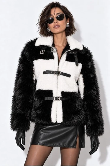 Jacket γούνινο με λουράκια μαύρο