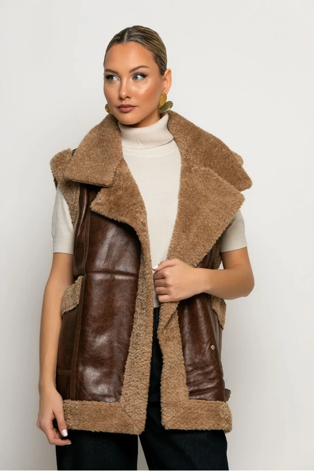 Οversized Sheepskin jacket αμάνικο δερματίνη καφέ Οversized Sheepskin jacket αμάνικο δερματίνη καφέ