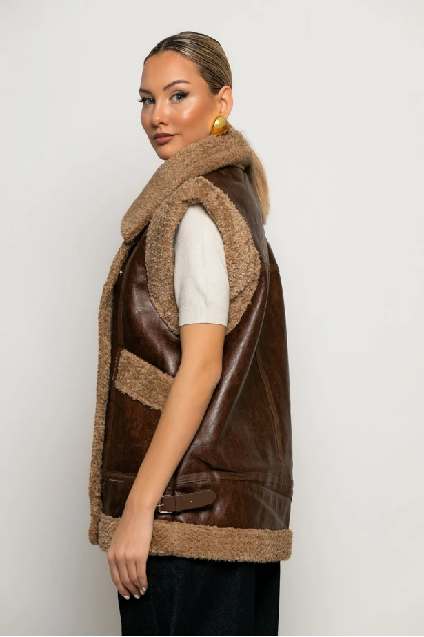 Οversized Sheepskin jacket αμάνικο δερματίνη καφέ Οversized Sheepskin jacket αμάνικο δερματίνη καφέ