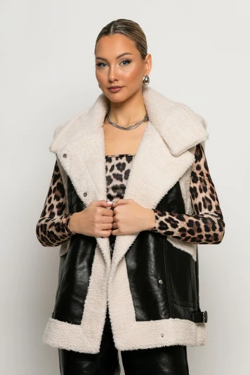 Οversized Sheepskin jacket αμάνικο δερματίνη καφέ