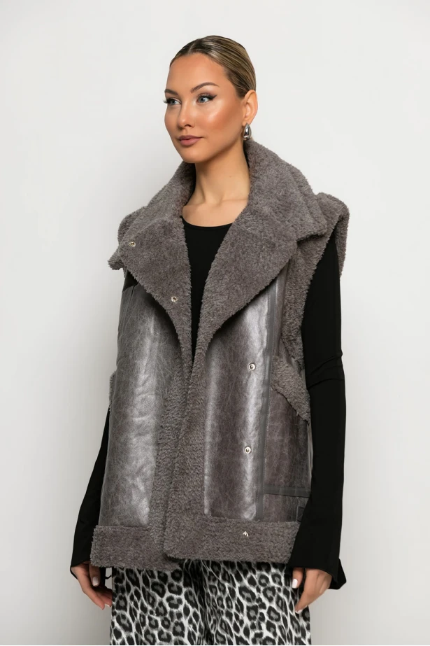 Οversized Sheepskin jacket αμάνικο δερματίνη γκρι Οversized Sheepskin jacket αμάνικο δερματίνη γκρι