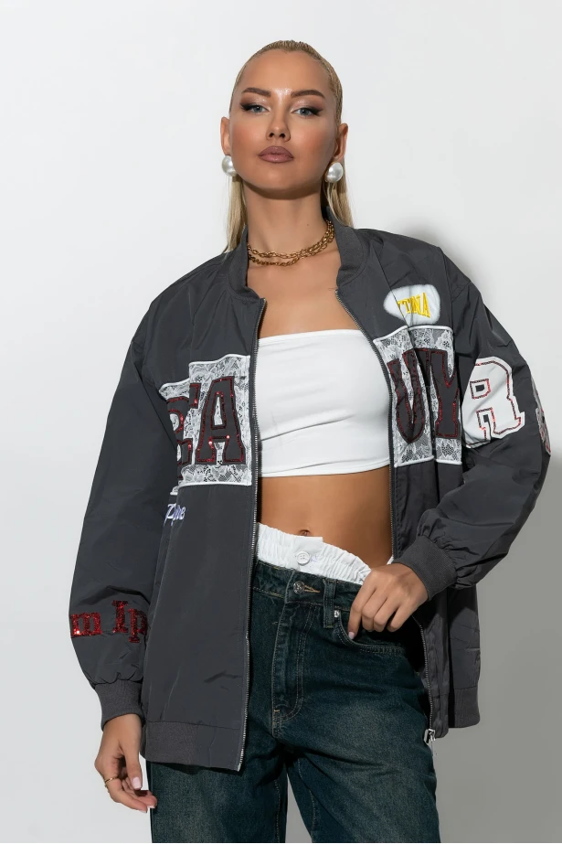Fly jacket με στάμπα heart ανθρακί